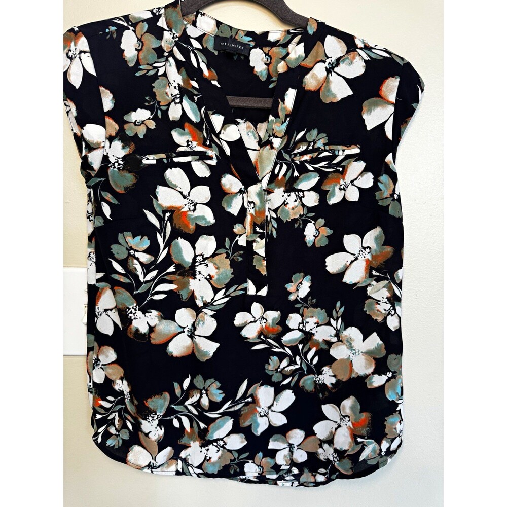 The Limited Floral Cap Sleeve V-Neck Blouse Black Teal XS T86G-6813